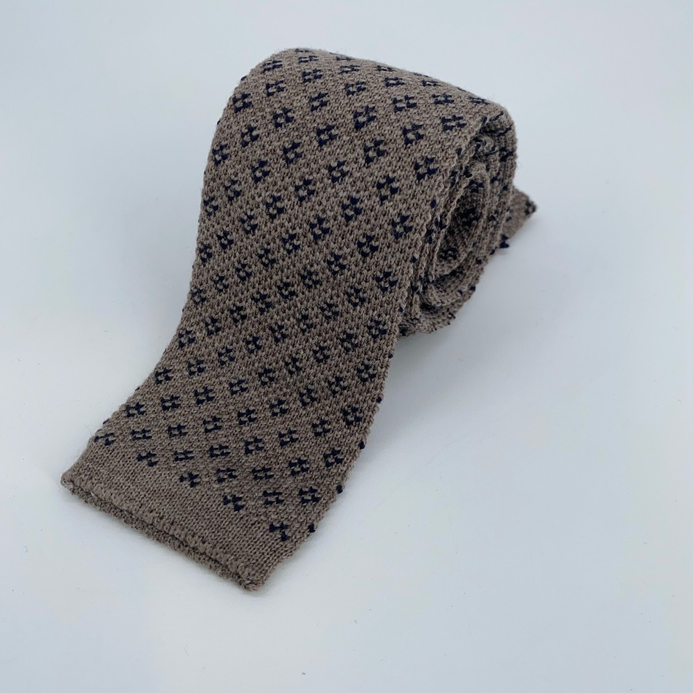 Eton Tie Mens One Size Beige Blue Skinny Slim Wool Knitted Luxury Necktie